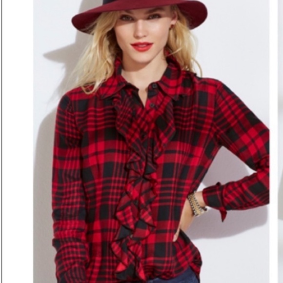 CAbi Tops - Cabi Lodge Red Ruffle Plaid Flannel Button Up Shirt